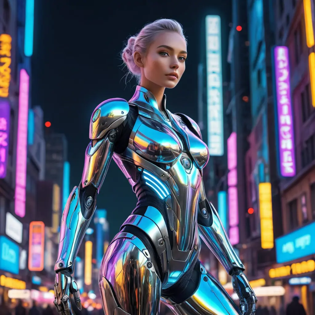 A futuristic cyborg with gleaming silver limbs and a radiant, iridescent aura, set against a backdrop of neon-lit cityscapes, Highly Detailed, Half Body, Gorgeous, Stunning, Elegant by Stefan Kostic