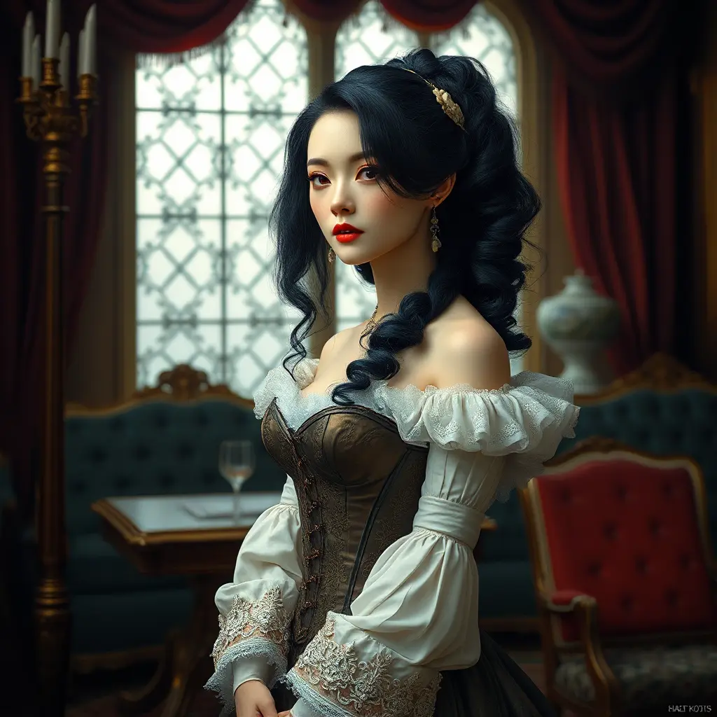 A Victorian-era aristocrat with porcelain skin and raven-black hair, dressed in a corset and bustle, surrounded by opulent furnishings and velvet drapes, Highly Detailed, Half Body, Gorgeous, Stunning, Elegant by Stefan Kostic