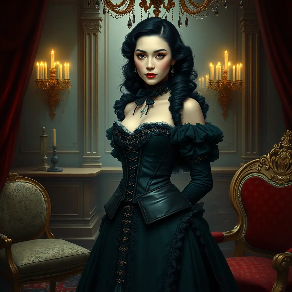 A Victorian-era aristocrat with porcelain skin and raven-black hair, dressed in a corset and bustle, surrounded by opulent furnishings and velvet drapes, Highly Detailed, Half Body, Gorgeous, Stunning, Elegant by Stefan Kostic