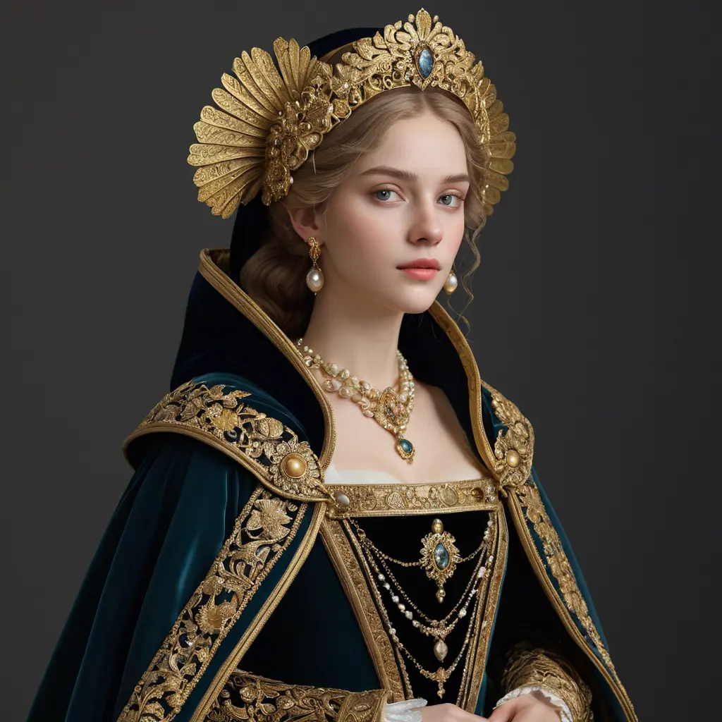 Renaissance-era noblewoman with a intricate golden headdress and a velvet cloak, Highly Detailed, Half Body, Gorgeous, Stunning, Elegant by WLOP