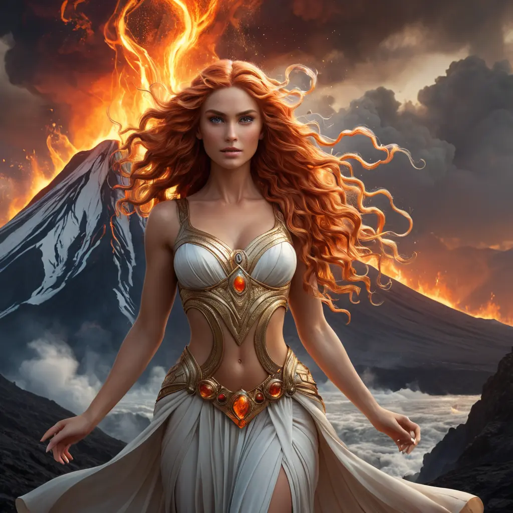 A mythological goddess with flowing, fiery locks and eyes that burn with inner power, standing in front of a roaring volcano, with light and lava swirling around her, Highly Detailed, Half Body, Gorgeous, Stunning, Elegant by Greg Rutkowski