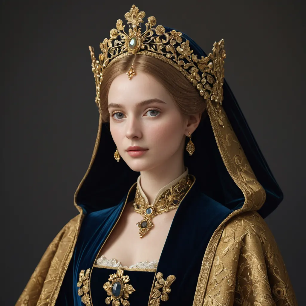 Renaissance-era noblewoman with a intricate golden headdress and a velvet cloak, Highly Detailed, Half Body, Gorgeous, Stunning, Elegant by WLOP