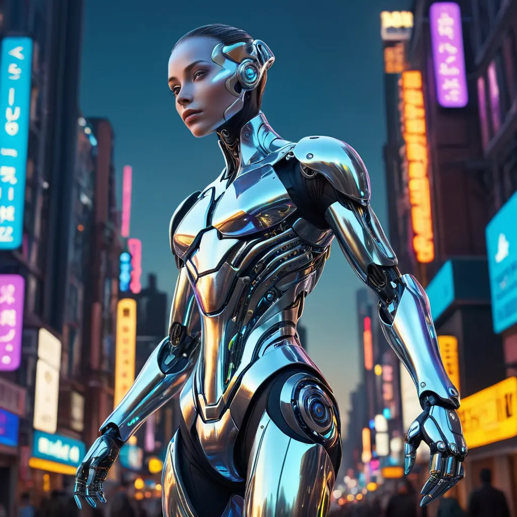 A futuristic cyborg with gleaming silver limbs and a radiant, iridescent aura, set against a backdrop of neon-lit cityscapes, Highly Detailed, Half Body, Gorgeous, Stunning, Elegant by Stefan Kostic