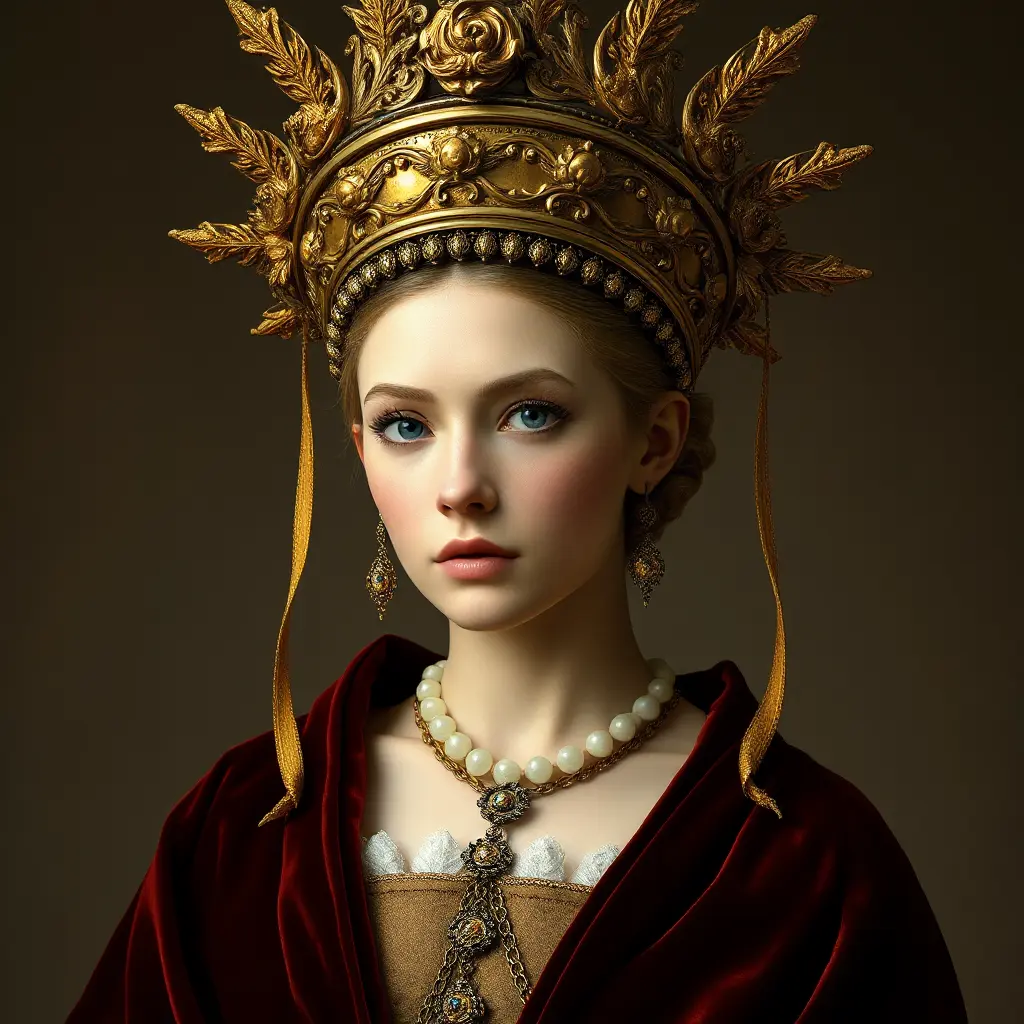 Renaissance-era noblewoman with a intricate golden headdress and a velvet cloak, Highly Detailed, Half Body, Gorgeous, Stunning, Elegant by WLOP