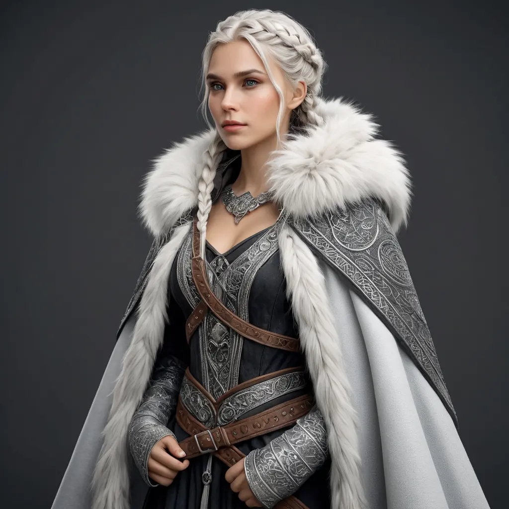 Viking warrior queen with braided silver hair and a fur-lined cloak, Highly Detailed, Half Body, Gorgeous, Stunning, Elegant by WLOP