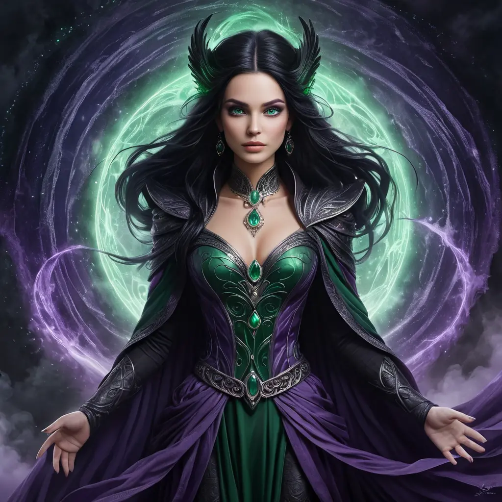 A mystical sorceress with piercing emerald eyes and raven-black hair, standing amidst a swirling vortex of purple mist, Highly Detailed, Half Body, Gorgeous, Stunning, Elegant by Stefan Kostic