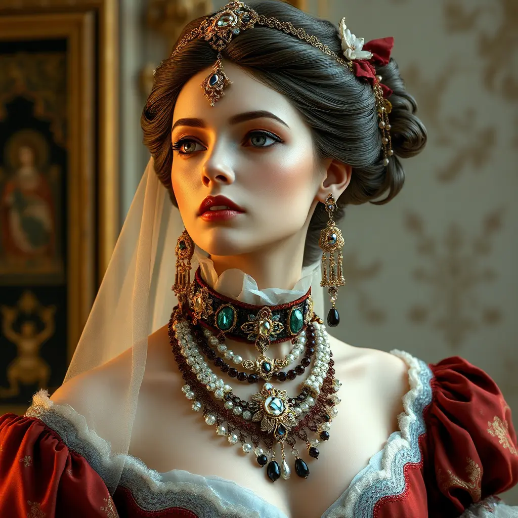 elegant renaissance beauty, porcelain skin, ornate jewels, and timeless grace, Highly Detailed, Half Body, Gorgeous, Stunning, Elegant by Stanley Artgerm Lau, Stefan Kostic