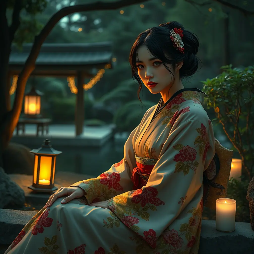 A serene and mysterious woman in a kimono, sitting in a Japanese garden at dusk, with a lantern and candles nearby, Highly Detailed, Half Body, Gorgeous, Stunning, Elegant by Greg Rutkowski