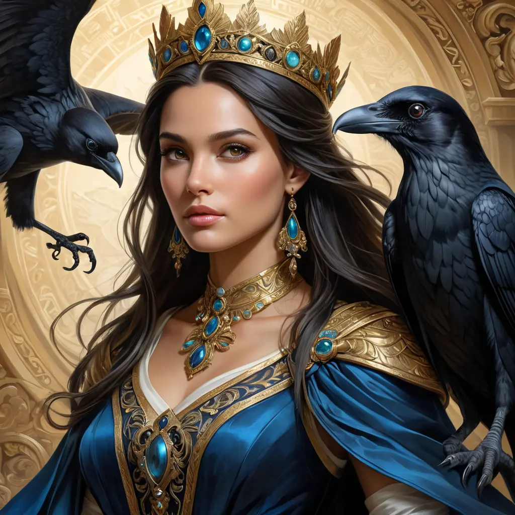 A regal queen of an uncharted land, with hair as dark as the raven's wing and eyes that hold the wisdom of the ages, her attire a tapestry of the earth's rich palette, surrounded by creatures of myth and legend., Highly Detailed, Half Body, Gorgeous, Stunning, Elegant by Stanley Artgerm Lau