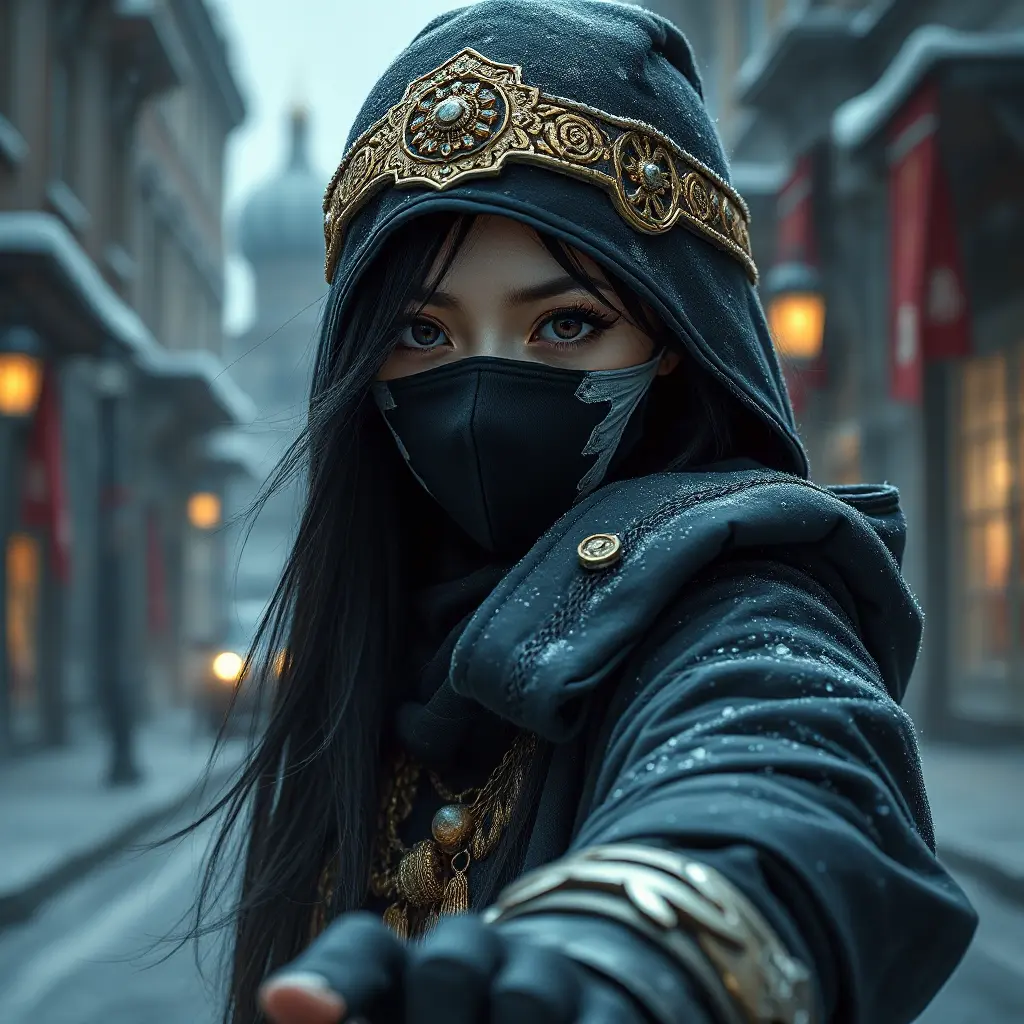 Wallpaper of a mysterious beautiful masked kunoichi ninja wearing eyeliner and gold jewelry in the streets of a dark snowy town in moscow, fluid motion, 8k, Intricate Details, Trending on Artstation, Beautiful, Stunning, Centered by Stanley Artgerm Lau, WLOP