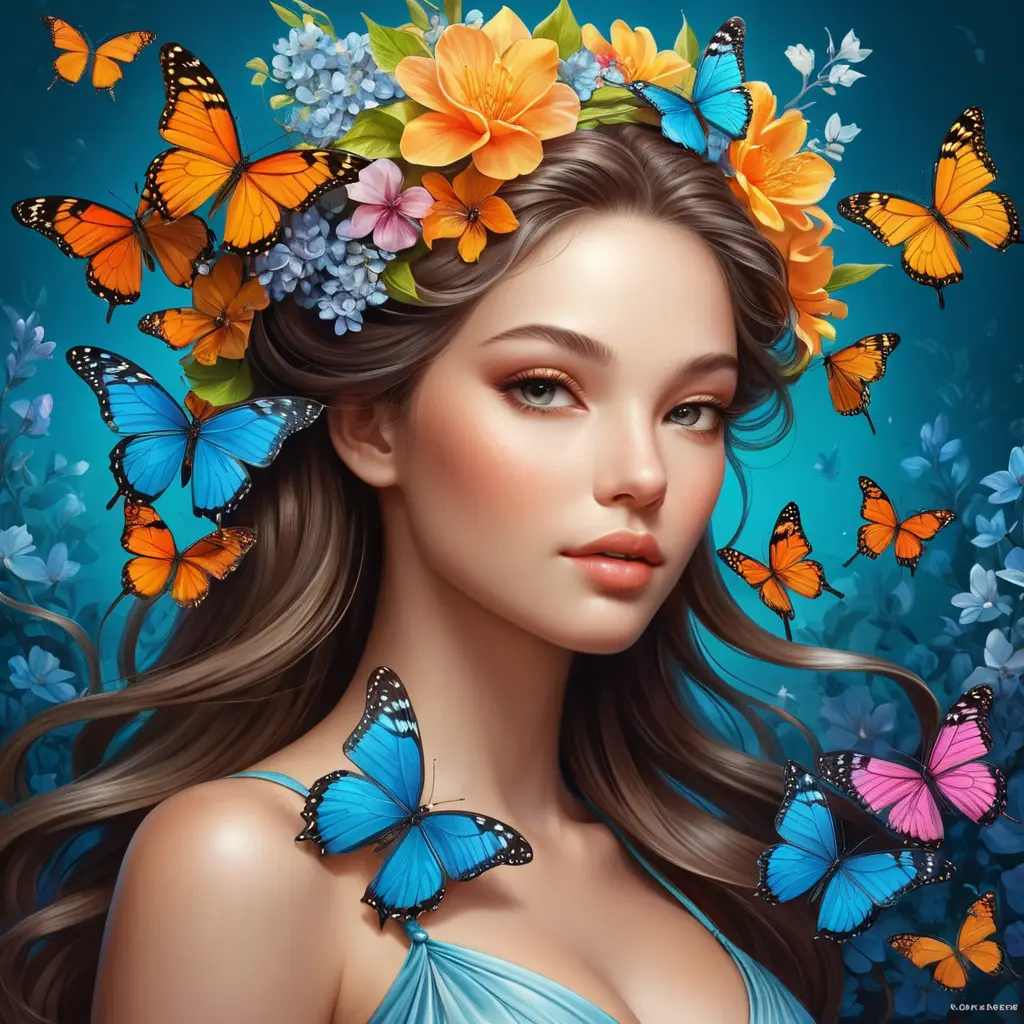 radiant goddess of nature, adorned with blossoms, surrounded by vibrant butterflies, Highly Detailed, Half Body, Gorgeous, Stunning, Elegant by Stanley Artgerm Lau, Stefan Kostic