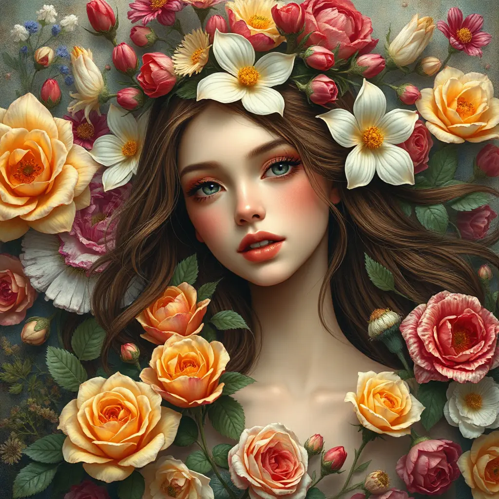 A goddess-like figure emerging from a canvas of vibrant flowers, with skin as radiant as roses and eyes reflecting the depth of the ocean, her hair a crown of intertwined blooms, capturing the essence of spring's bounty., Highly Detailed, Half Body, Gorgeous, Stunning, Elegant by Stanley Artgerm Lau