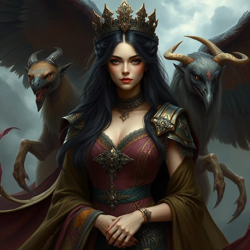 A regal queen of an uncharted land, with hair as dark as the raven's wing and eyes that hold the wisdom of the ages, her attire a tapestry of the earth's rich palette, surrounded by creatures of myth and legend., Highly Detailed, Half Body, Gorgeous, Stunning, Elegant by Stanley Artgerm Lau