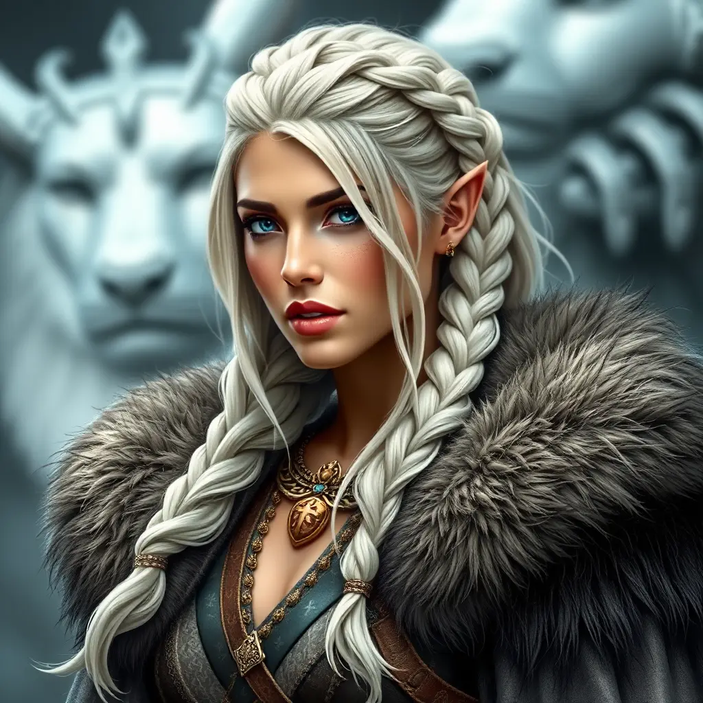 Viking warrior queen with braided silver hair and a fur-lined cloak, Highly Detailed, Half Body, Gorgeous, Stunning, Elegant by WLOP