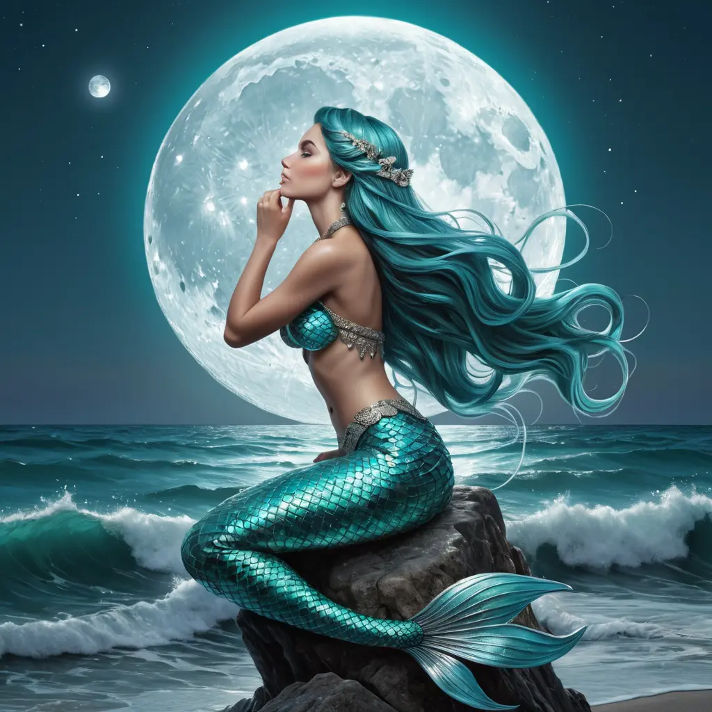 A mystical mermaid with shimmering scales of turquoise and aquamarine, gazing up at a full moon rising over the waves, Highly Detailed, Half Body, Gorgeous, Stunning, Elegant by Stefan Kostic