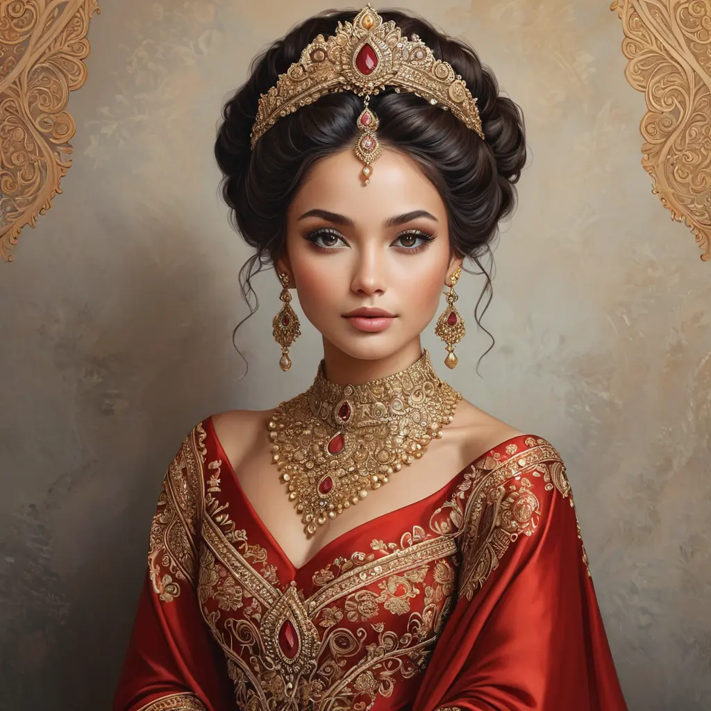 regal queen, draped in luxurious silks, adorned with intricate henna patterns, Highly Detailed, Half Body, Gorgeous, Stunning, Elegant by Stanley Artgerm Lau, Stefan Kostic