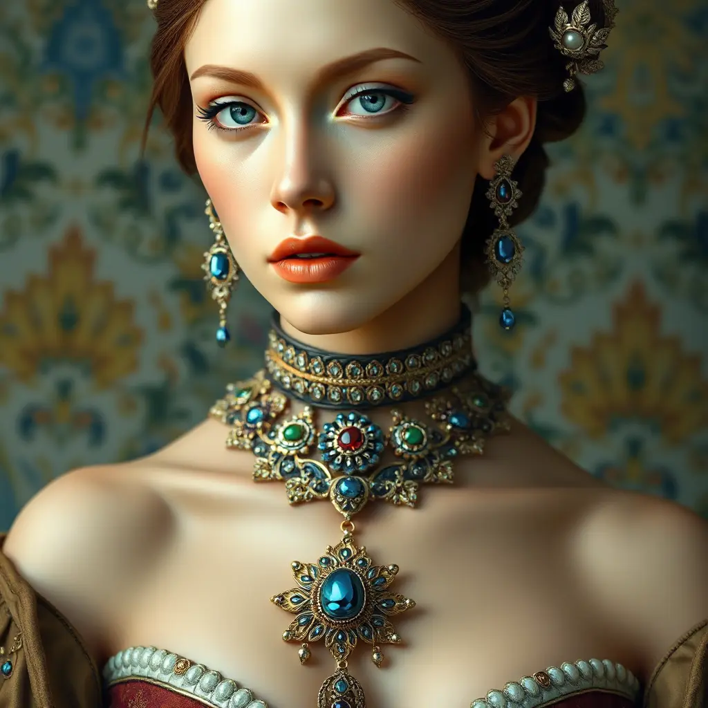 elegant renaissance beauty, porcelain skin, ornate jewels, and timeless grace, Highly Detailed, Half Body, Gorgeous, Stunning, Elegant by Stanley Artgerm Lau, Stefan Kostic