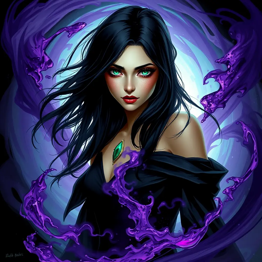 A mystical sorceress with piercing emerald eyes and raven-black hair, standing amidst a swirling vortex of purple mist, Highly Detailed, Half Body, Gorgeous, Stunning, Elegant by Stefan Kostic