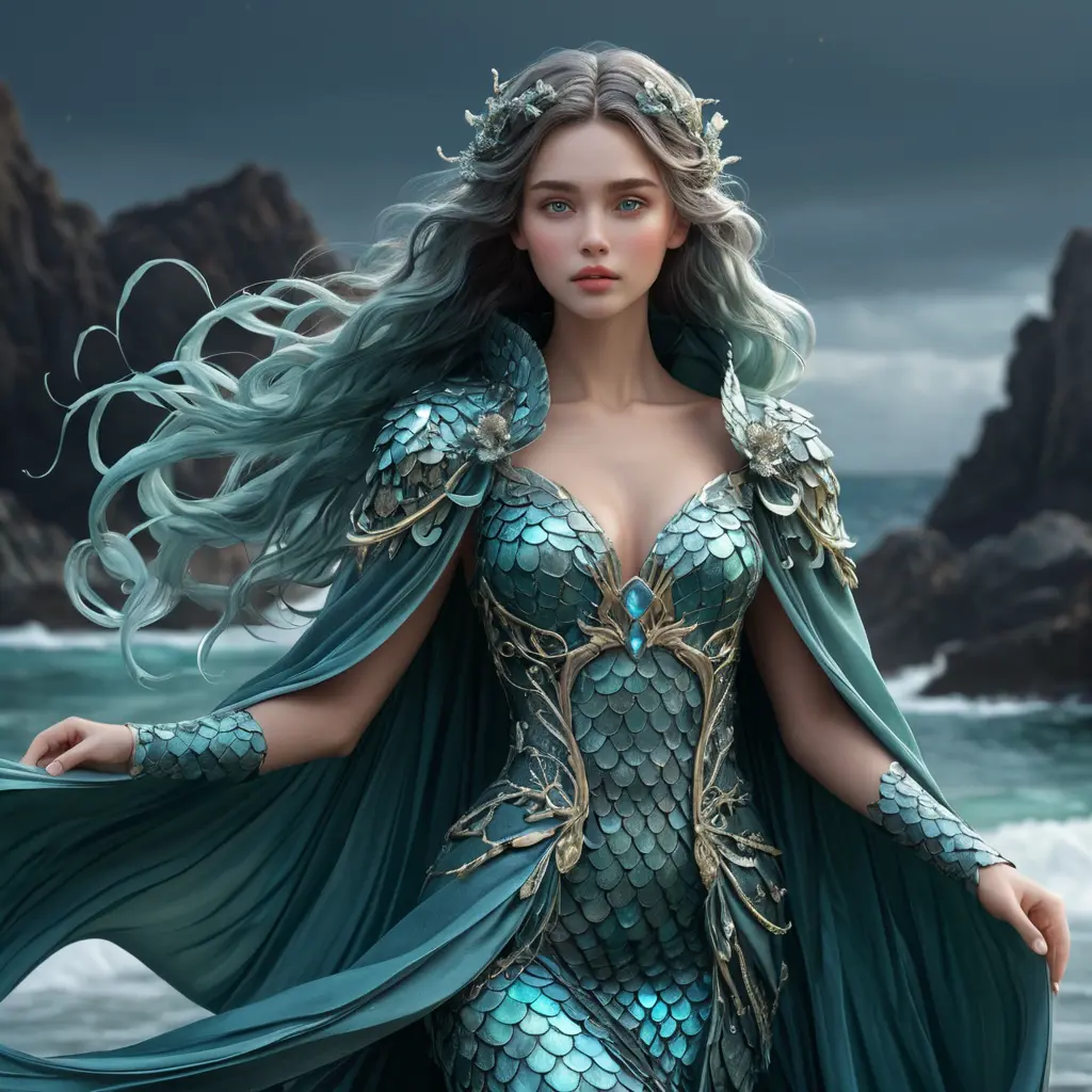 Moonlit siren with shimmering aquamarine scales and a flowing seaweed-like cloak, Highly Detailed, Half Body, Gorgeous, Stunning, Elegant by WLOP