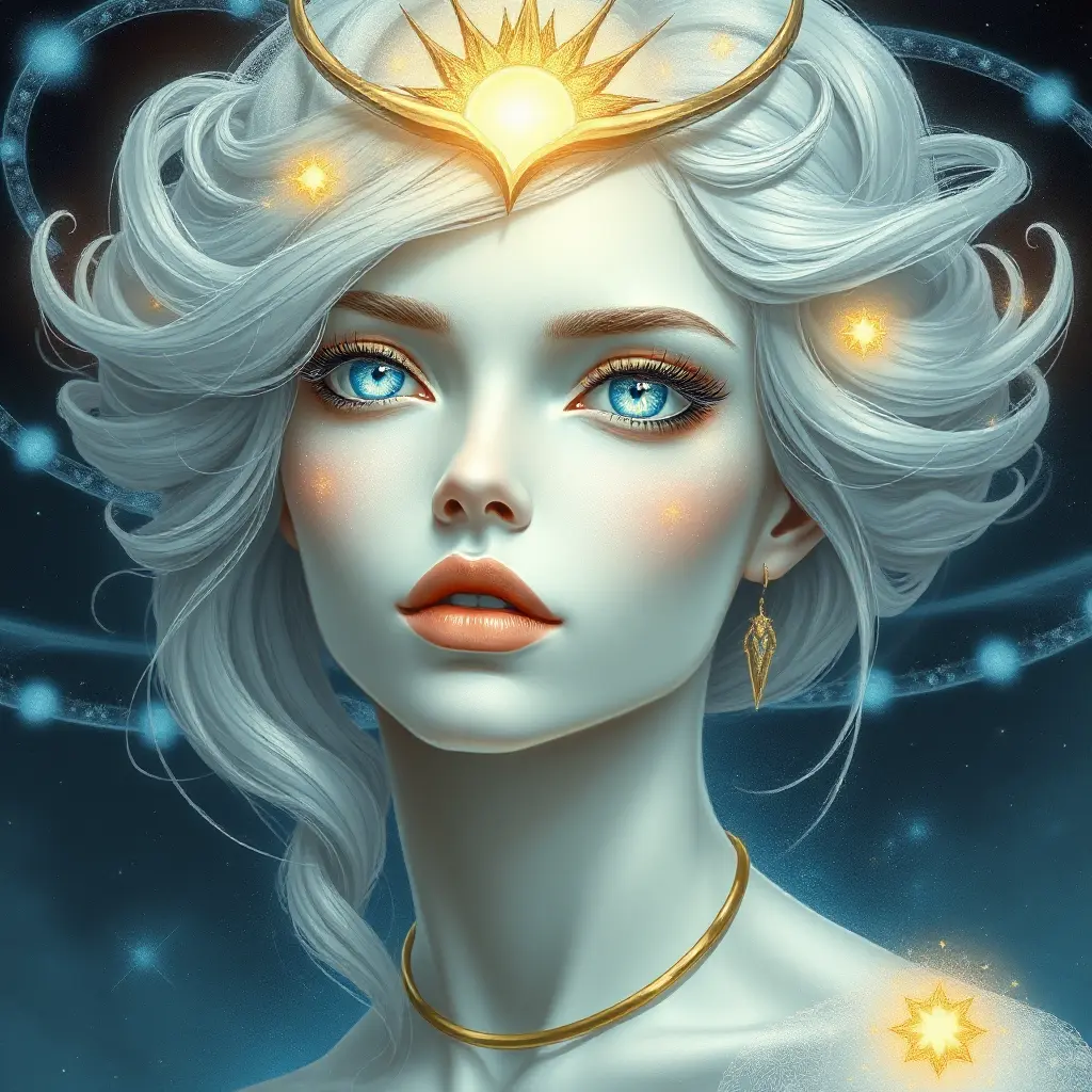 celestial being with cosmic eyes, stardust-infused tresses, and a transcendent aura, Highly Detailed, Half Body, Gorgeous, Stunning, Elegant by Stanley Artgerm Lau, Stefan Kostic