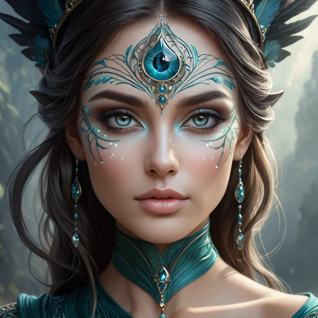 alluring enchantress with hypnotic gaze, intricate face markings, and a mystical presence, Highly Detailed, Half Body, Gorgeous, Stunning, Elegant by Stanley Artgerm Lau, Stefan Kostic