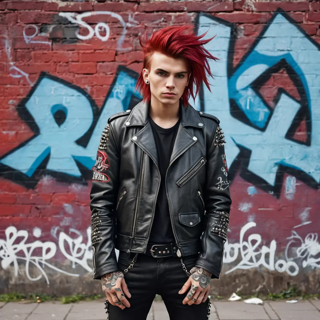 A rebellious punk rock icon with bold, crimson hair and a leather jacket, standing defiantly in front of a graffiti-covered city wall, Highly Detailed, Half Body, Gorgeous, Stunning, Elegant by Stefan Kostic