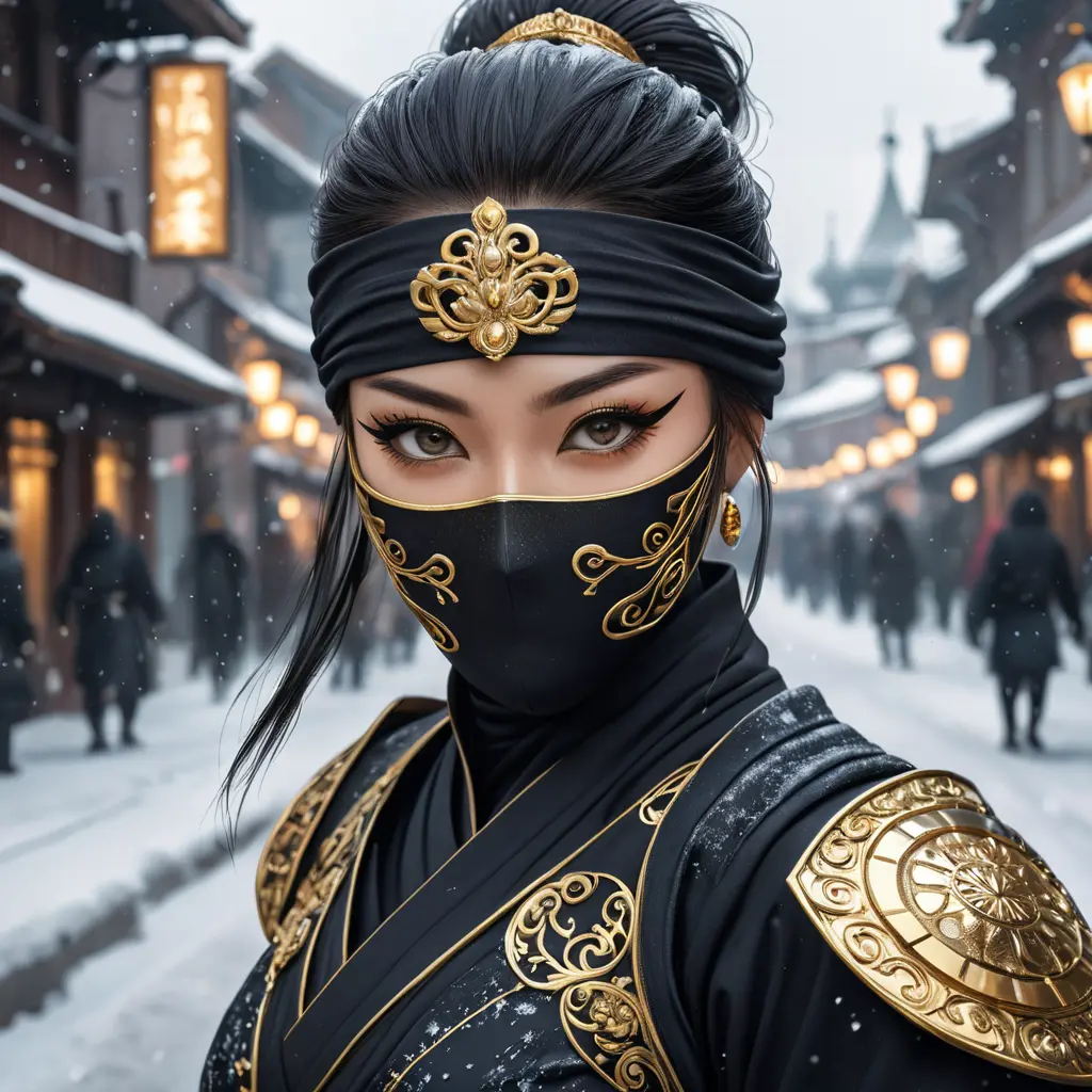 Wallpaper of a mysterious beautiful masked kunoichi ninja wearing eyeliner and gold jewelry in the streets of a dark snowy town in moscow, fluid motion, 8k, Intricate Details, Trending on Artstation, Beautiful, Stunning, Centered by Stanley Artgerm Lau, WLOP