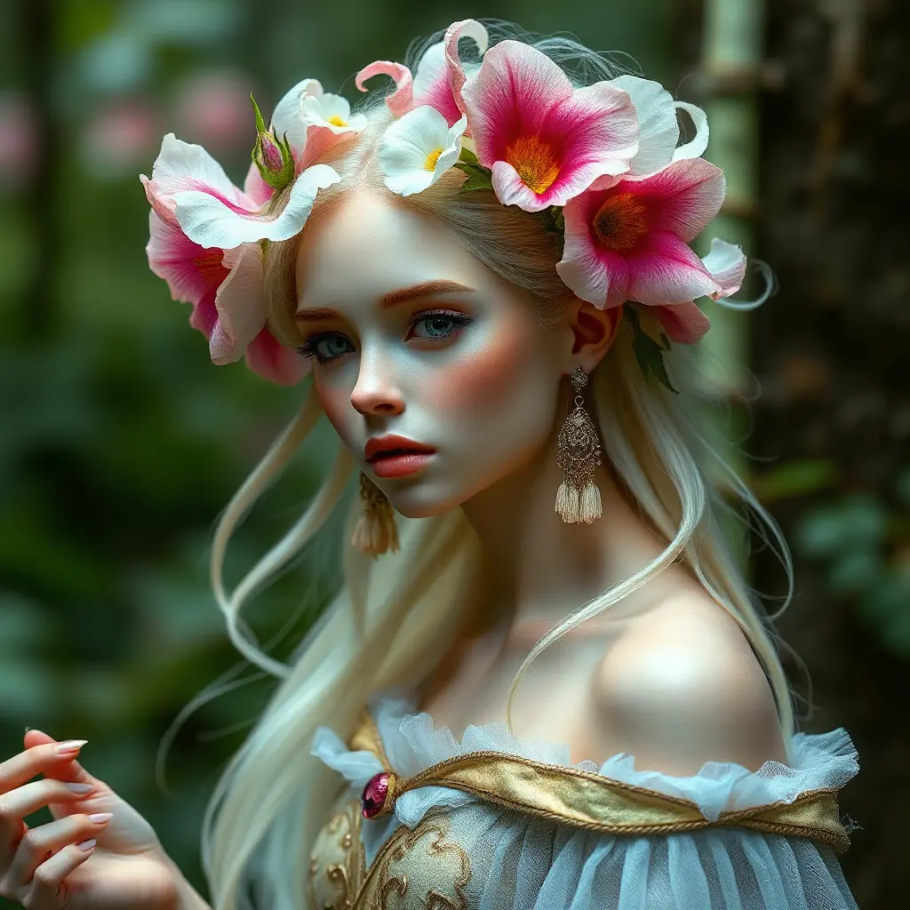 enchanting forest nymph with delicate features, vibrant wildflowers adorning her hair, Highly Detailed, Half Body, Gorgeous, Stunning, Elegant by Stanley Artgerm Lau, Stefan Kostic