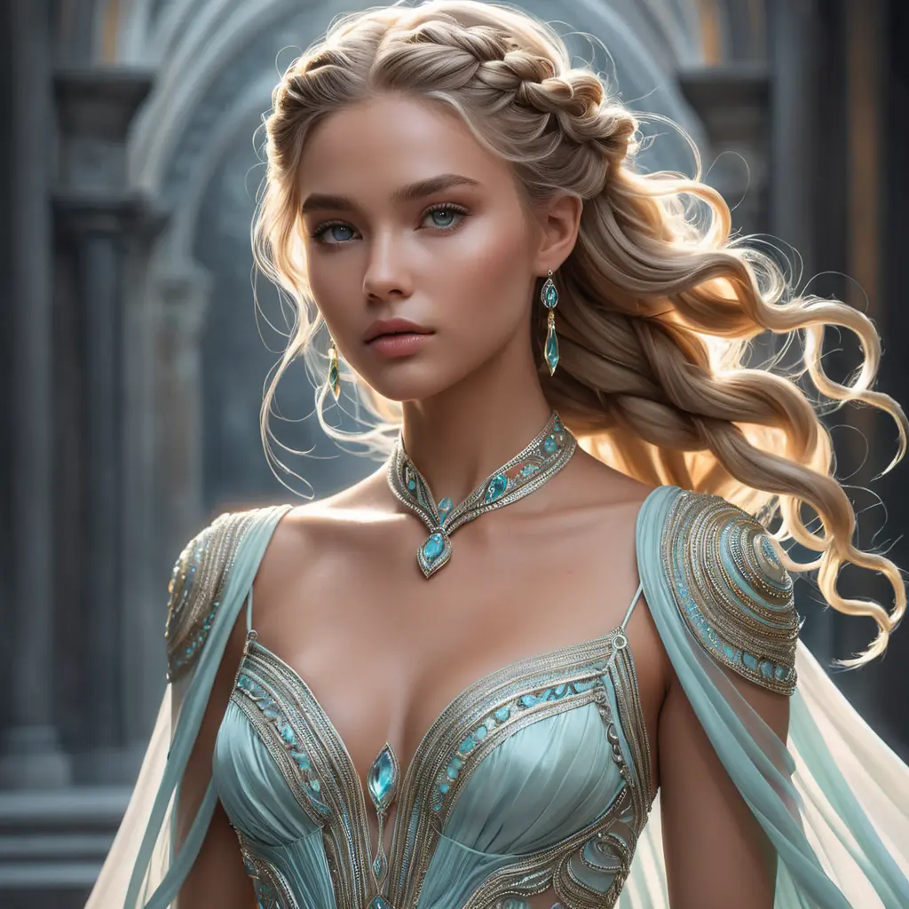 ethereal goddess with flowing gown, intricate braids, and otherworldly glow, Highly Detailed, Half Body, Gorgeous, Stunning, Elegant by Stanley Artgerm Lau, Stefan Kostic