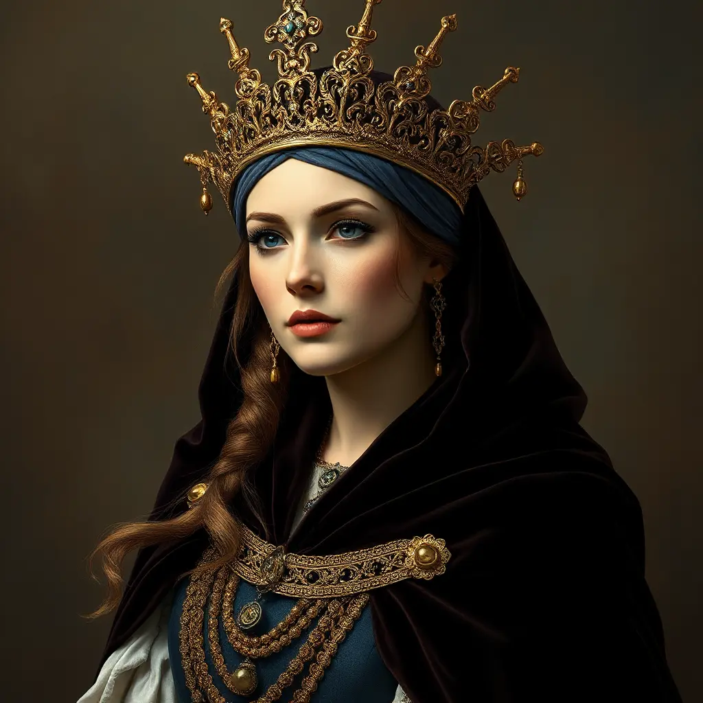 Renaissance-era noblewoman with a intricate golden headdress and a velvet cloak, Highly Detailed, Half Body, Gorgeous, Stunning, Elegant by WLOP