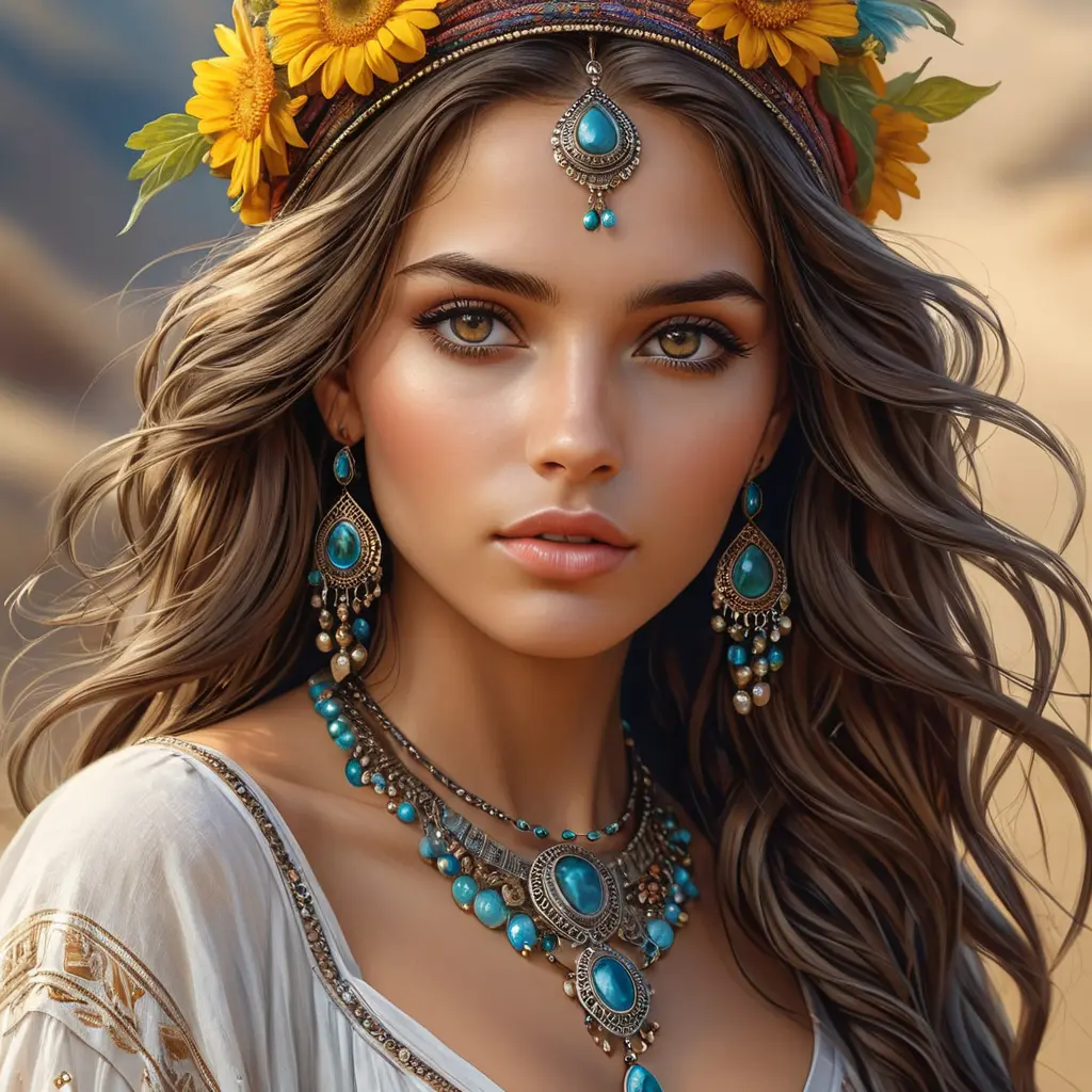 captivating gypsy with deep, soulful eyes, bohemian attire, and a carefree spirit, Highly Detailed, Half Body, Gorgeous, Stunning, Elegant by Stanley Artgerm Lau, Stefan Kostic