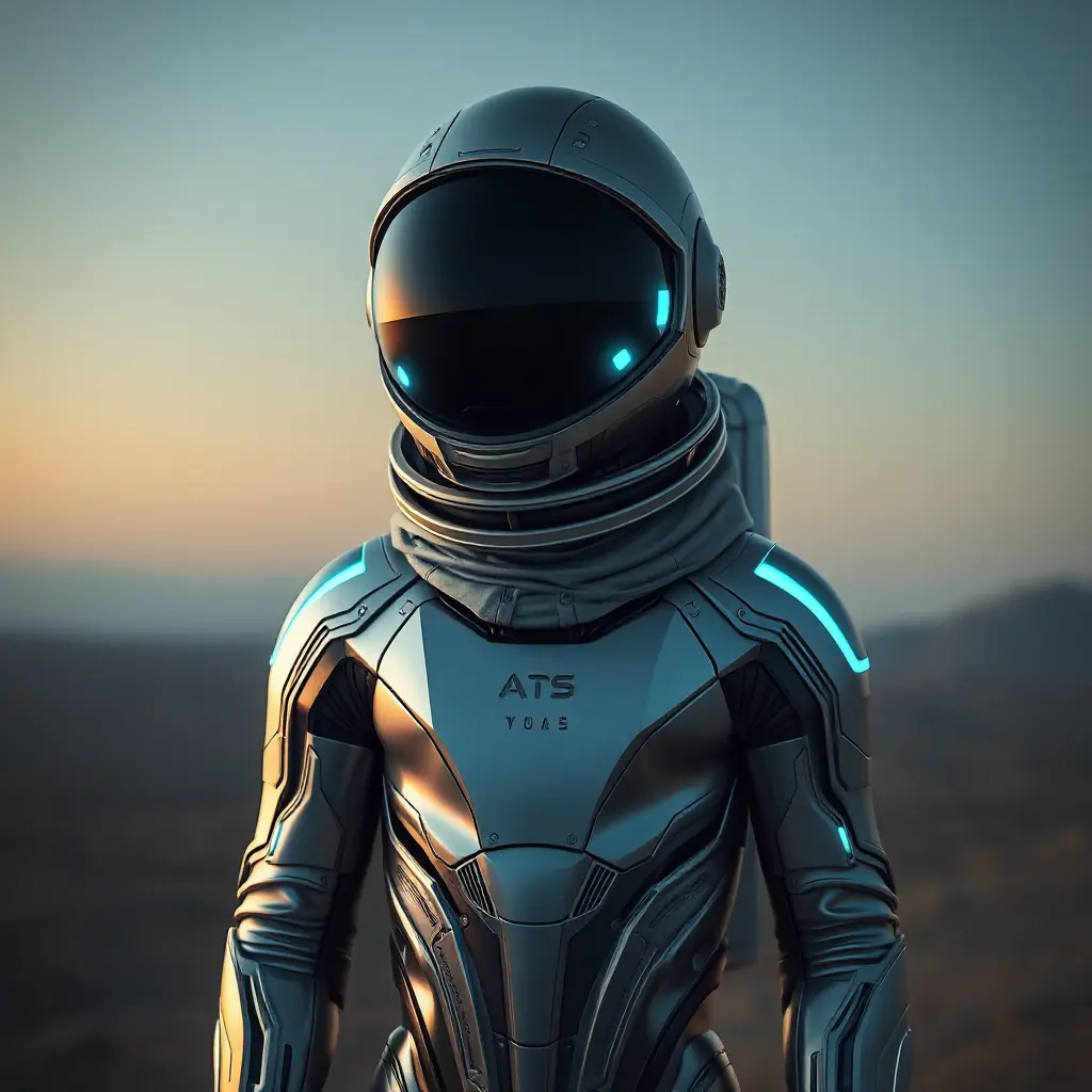 A futuristic astronaut with a sleek, silver spacesuit and a helmet adorned with glowing, neon-blue accents, standing on the surface of a distant, alien planet, Highly Detailed, Half Body, Gorgeous, Stunning, Elegant by Stefan Kostic