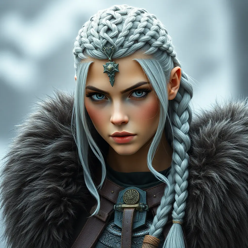 Viking warrior queen with braided silver hair and a fur-lined cloak, Highly Detailed, Half Body, Gorgeous, Stunning, Elegant by WLOP