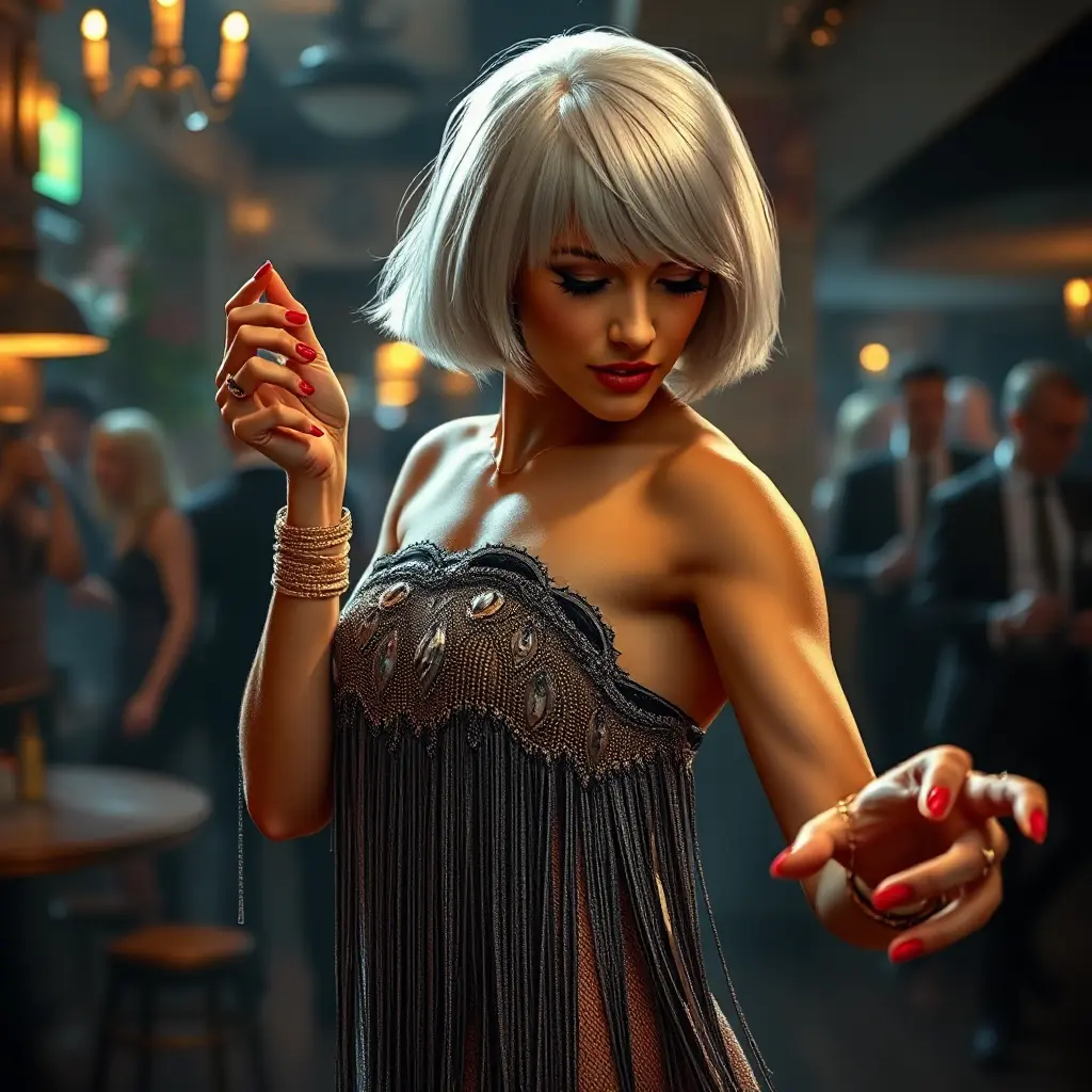 A glamorous, 1920s-style flapper with a bobbed, platinum-blonde haircut and a beaded, fringe dress, dancing the Charleston in a smoke-filled speakeasy, Highly Detailed, Half Body, Gorgeous, Stunning, Elegant by Stefan Kostic