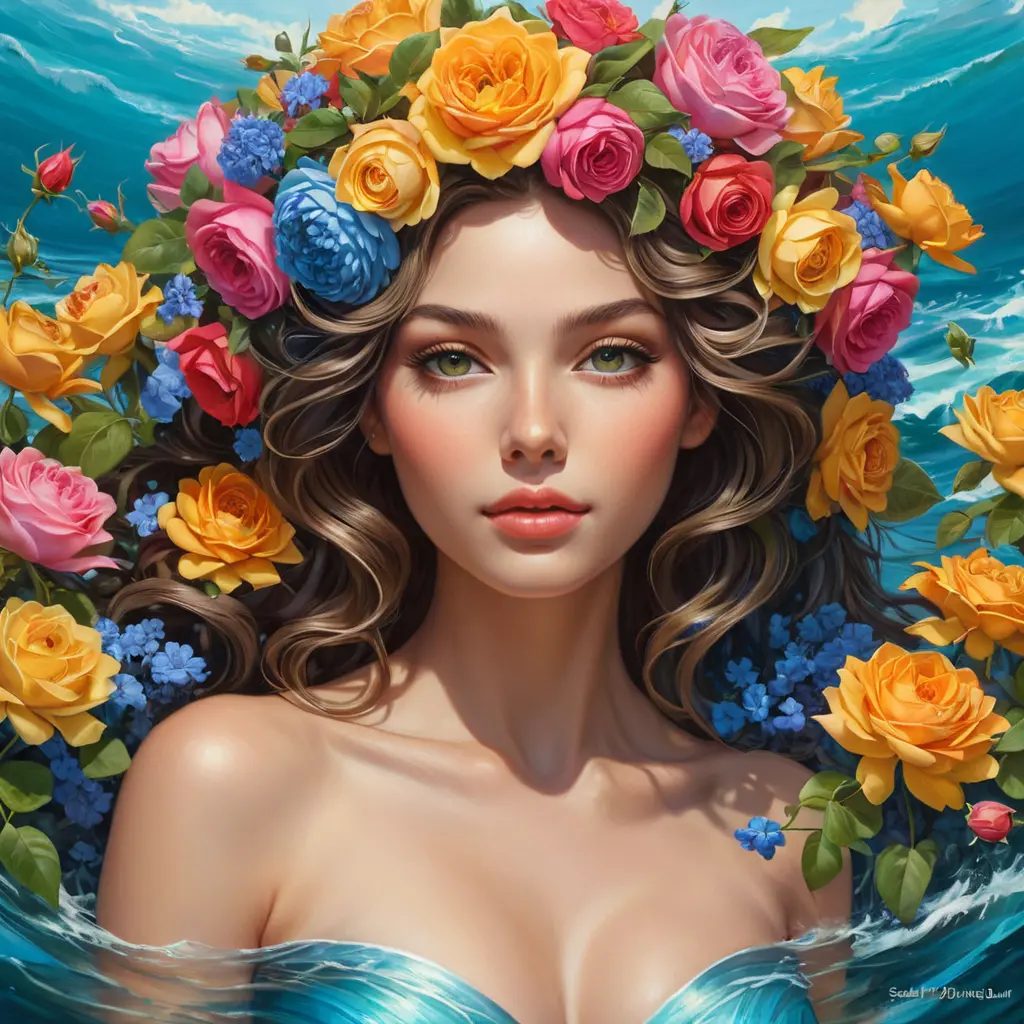 A goddess-like figure emerging from a canvas of vibrant flowers, with skin as radiant as roses and eyes reflecting the depth of the ocean, her hair a crown of intertwined blooms, capturing the essence of spring's bounty., Highly Detailed, Half Body, Gorgeous, Stunning, Elegant by Stanley Artgerm Lau