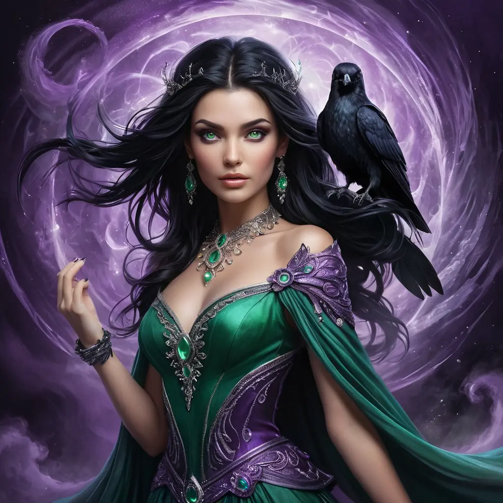 A mystical sorceress with piercing emerald eyes and raven-black hair, standing amidst a swirling vortex of purple mist, Highly Detailed, Half Body, Gorgeous, Stunning, Elegant by Stefan Kostic