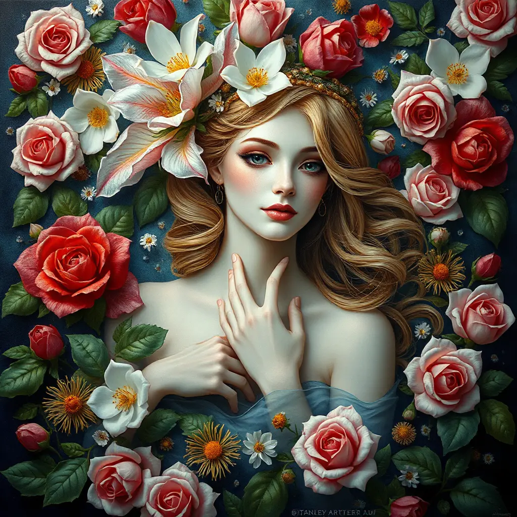 A goddess-like figure emerging from a canvas of vibrant flowers, with skin as radiant as roses and eyes reflecting the depth of the ocean, her hair a crown of intertwined blooms, capturing the essence of spring's bounty., Highly Detailed, Half Body, Gorgeous, Stunning, Elegant by Stanley Artgerm Lau