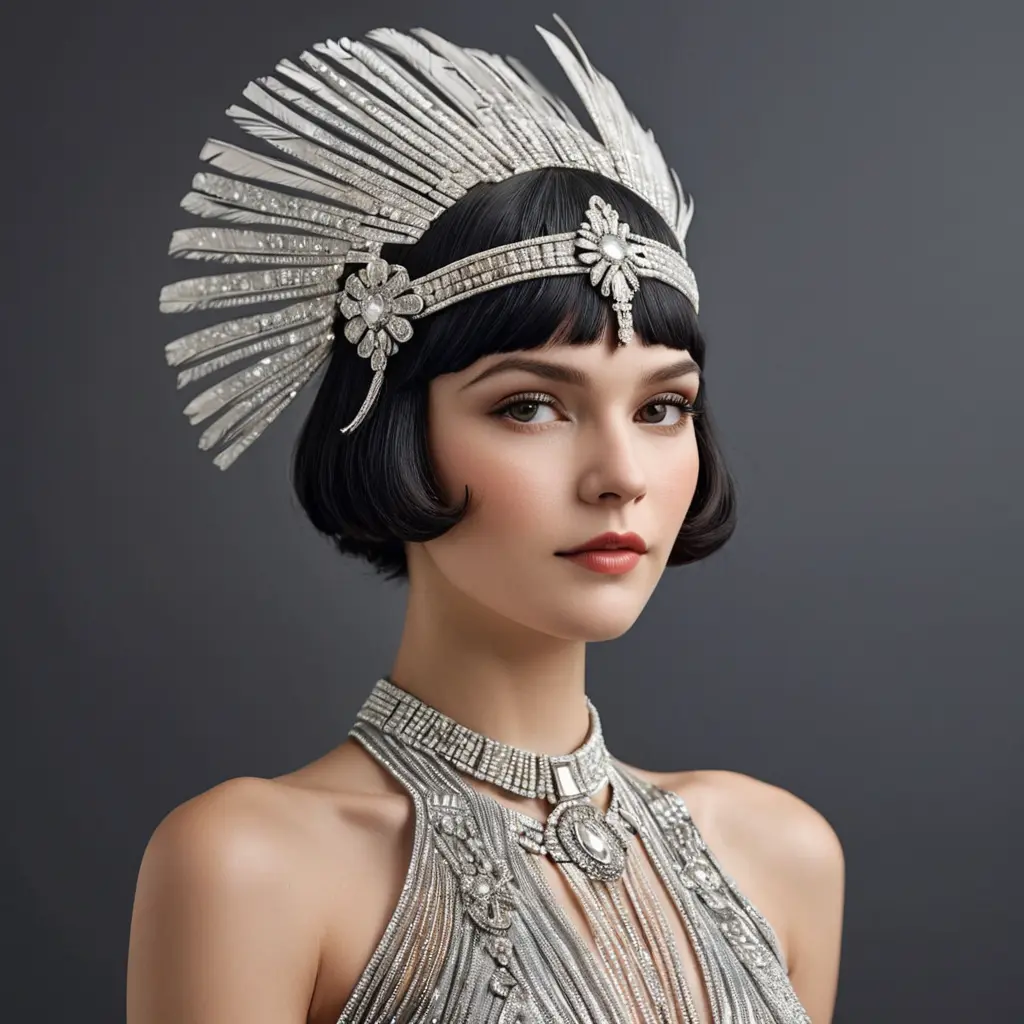 Art Deco flapper with a beaded fringe dress and a diamond-encrusted headpiece, Highly Detailed, Half Body, Gorgeous, Stunning, Elegant by WLOP