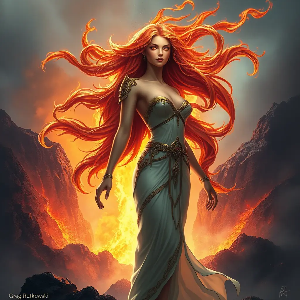 A mythological goddess with flowing, fiery locks and eyes that burn with inner power, standing in front of a roaring volcano, with light and lava swirling around her, Highly Detailed, Half Body, Gorgeous, Stunning, Elegant by Greg Rutkowski