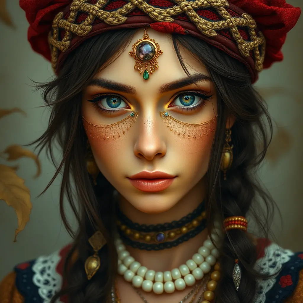 captivating gypsy with deep, soulful eyes, bohemian attire, and a carefree spirit, Highly Detailed, Half Body, Gorgeous, Stunning, Elegant by Stanley Artgerm Lau, Stefan Kostic