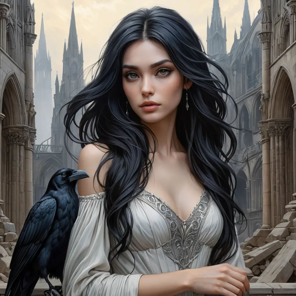 An enchantress standing amidst the ruins of an old, gothic cathedral, her raven hair flowing like a river of midnight ink, her eyes piercing through the shadows cast by the broken spires, a mystical energy emanating from her fingertips., Highly Detailed, Half Body, Gorgeous, Stunning, Elegant by Stanley Artgerm Lau