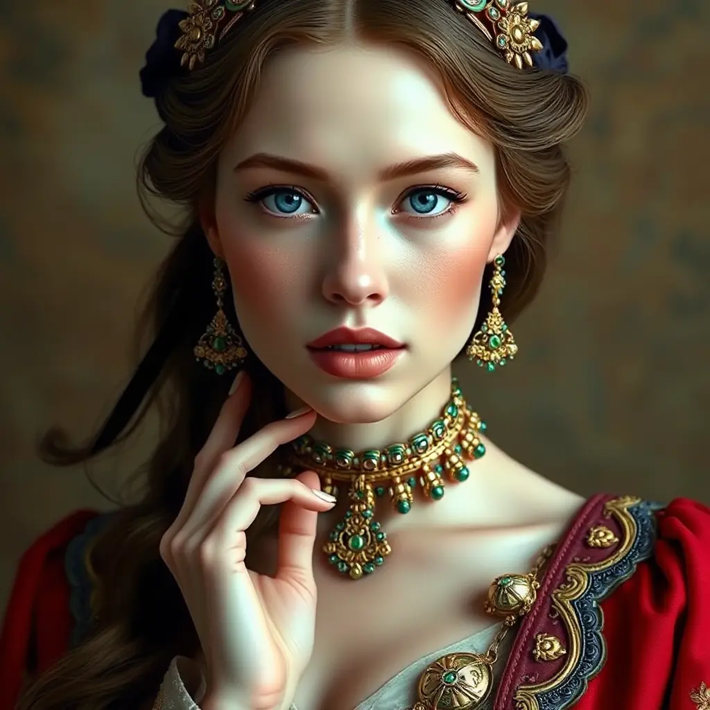 elegant renaissance beauty, porcelain skin, ornate jewels, and timeless grace, Highly Detailed, Half Body, Gorgeous, Stunning, Elegant by Stanley Artgerm Lau, Stefan Kostic