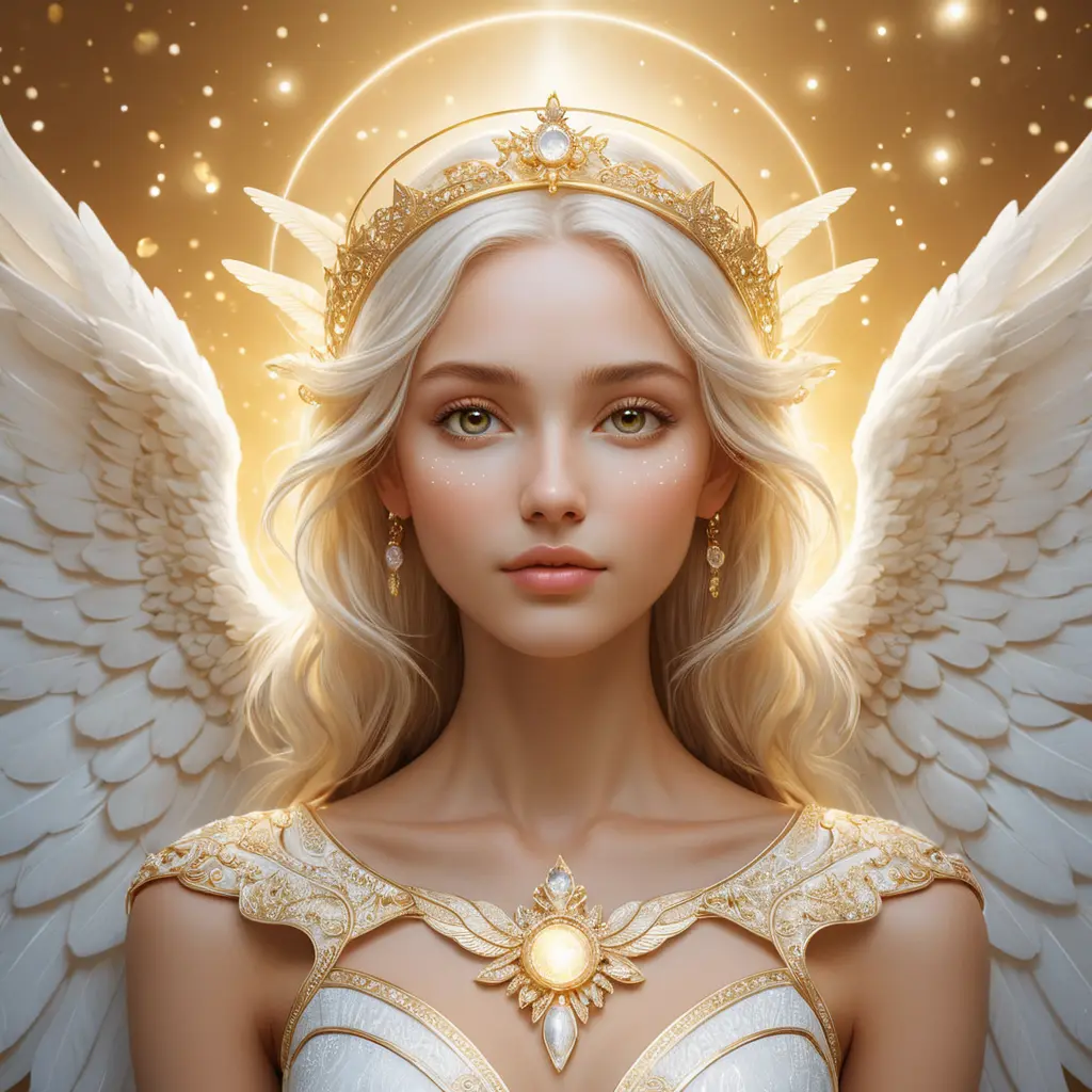 A celestial being with wings of pure white and eyes like stars, floating amidst a halo of soft, golden light, Highly Detailed, Half Body, Gorgeous, Stunning, Elegant by Stefan Kostic