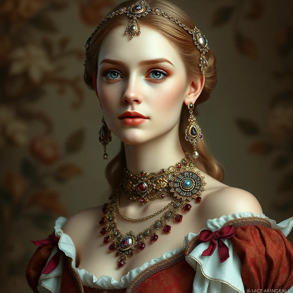 elegant renaissance beauty, porcelain skin, ornate jewels, and timeless grace, Highly Detailed, Half Body, Gorgeous, Stunning, Elegant by Stanley Artgerm Lau, Stefan Kostic