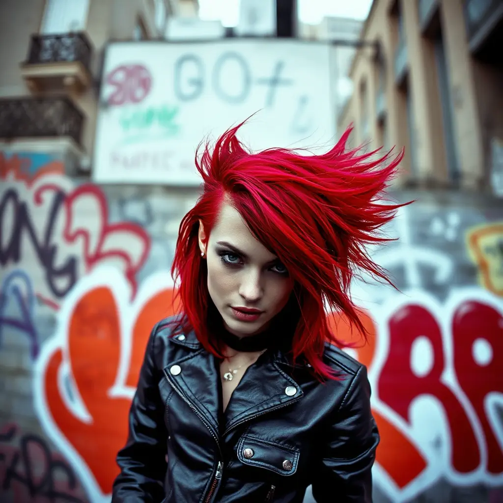 A rebellious punk rock icon with bold, crimson hair and a leather jacket, standing defiantly in front of a graffiti-covered city wall, Highly Detailed, Half Body, Gorgeous, Stunning, Elegant by Stefan Kostic