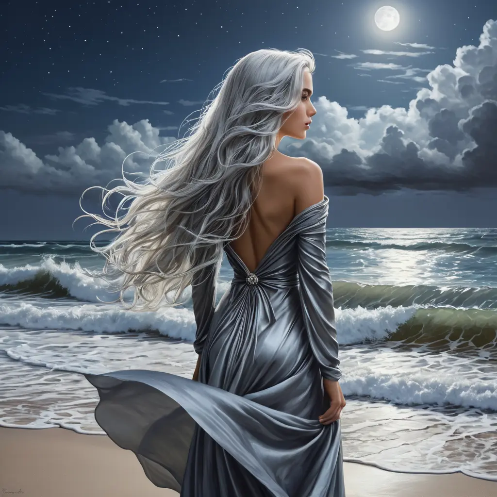 A woman standing on a moonlit beach, with her long, silver hair flowing behind her, as the waves crash against the shore, Highly Detailed, Half Body, Gorgeous, Stunning, Elegant by Greg Rutkowski