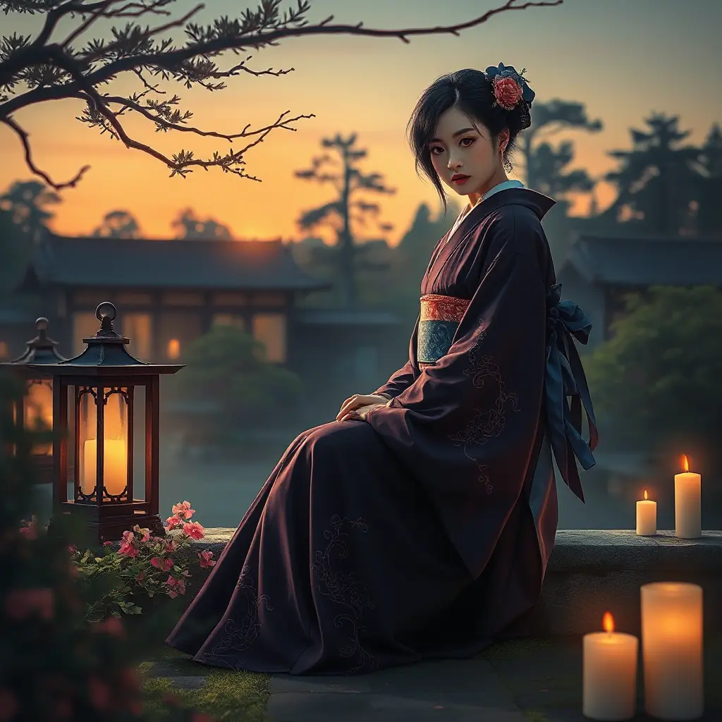 A serene and mysterious woman in a kimono, sitting in a Japanese garden at dusk, with a lantern and candles nearby, Highly Detailed, Half Body, Gorgeous, Stunning, Elegant by Greg Rutkowski