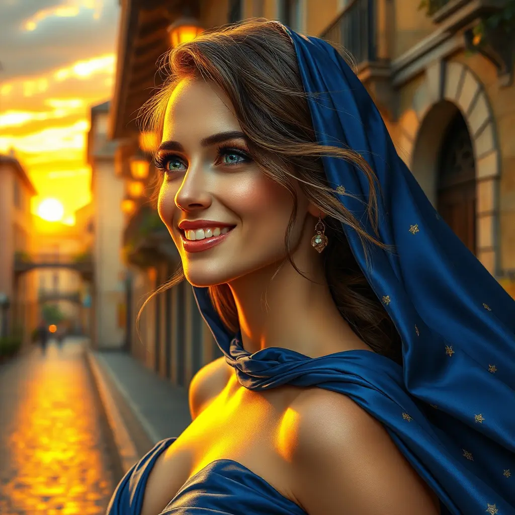 A woman with alabaster skin and deep azure eyes, adorned in a flowing gown of midnight blue silk that shimmers under the caress of a warm Mediterranean sunset, her laughter echoing like music over the cobblestone streets of an ancient city., Highly Detailed, Half Body, Gorgeous, Stunning, Elegant by Stanley Artgerm Lau