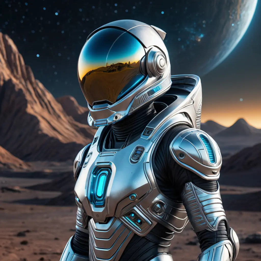 A futuristic astronaut with a sleek, silver spacesuit and a helmet adorned with glowing, neon-blue accents, standing on the surface of a distant, alien planet, Highly Detailed, Half Body, Gorgeous, Stunning, Elegant by Stefan Kostic