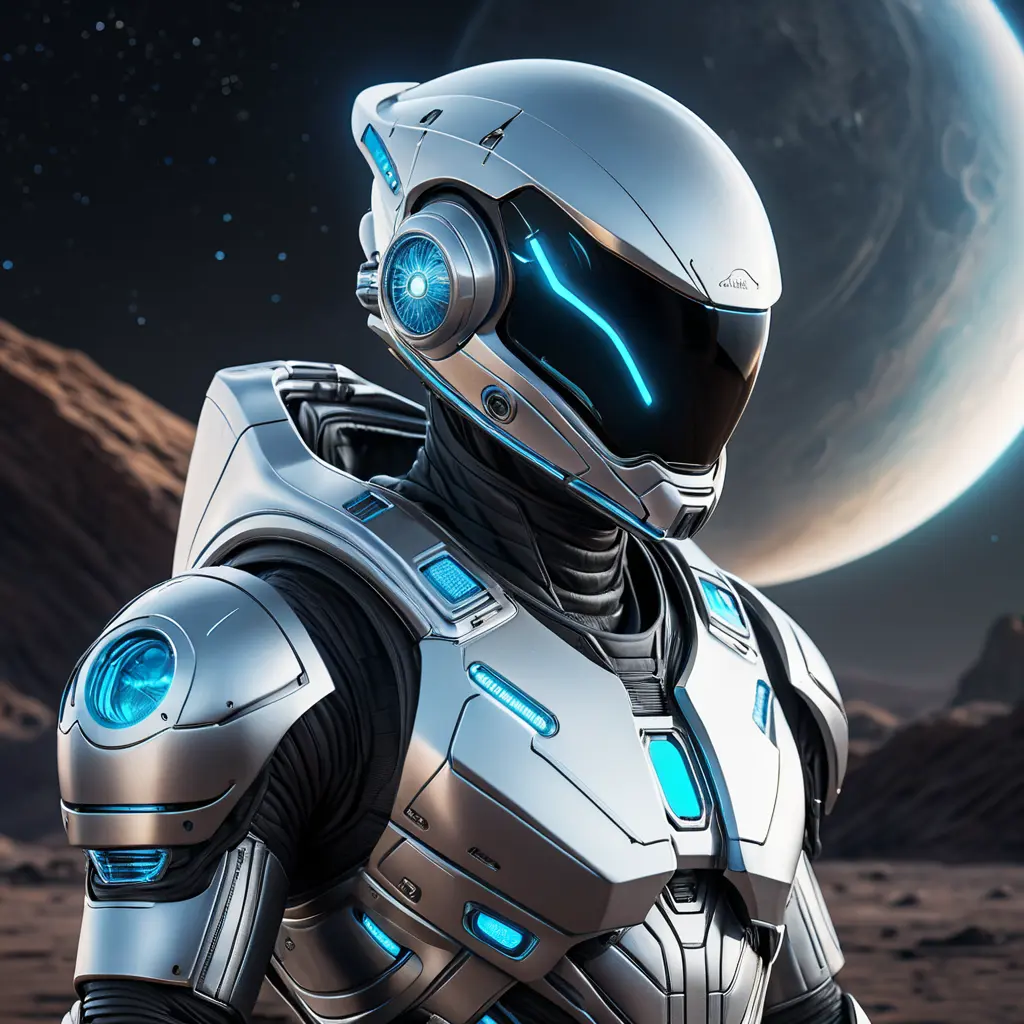 A futuristic astronaut with a sleek, silver spacesuit and a helmet adorned with glowing, neon-blue accents, standing on the surface of a distant, alien planet, Highly Detailed, Half Body, Gorgeous, Stunning, Elegant by Stefan Kostic